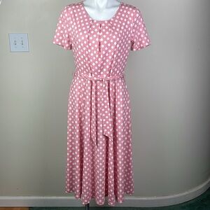 Appleseeds Belted Midi Dress Short Sleeve Pink Polka Dot